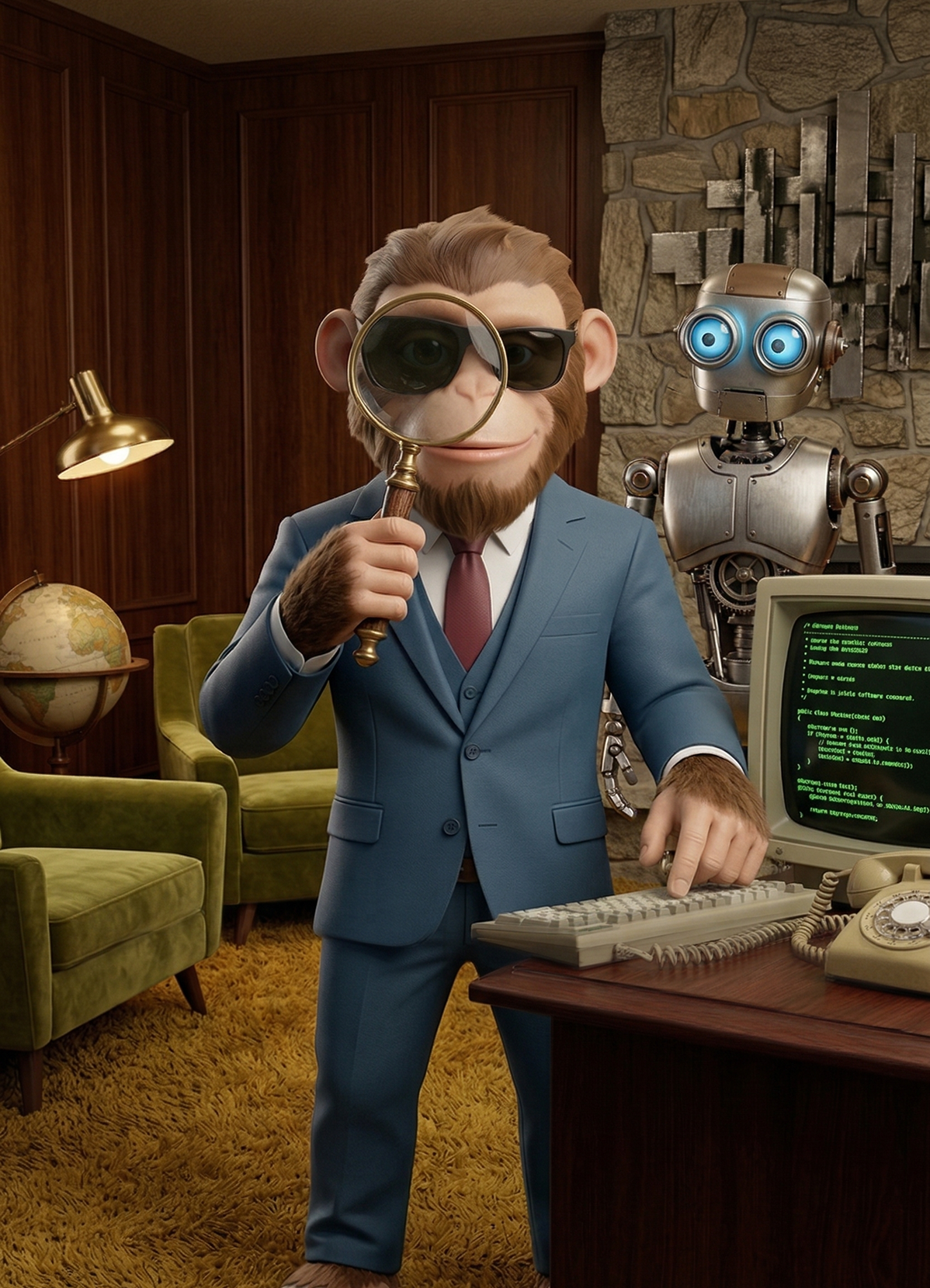 Anthropomorphic monkey in a blue suit holding a magnifying glass in front of its eye, standing beside a robot and an old computer in a vintage office.