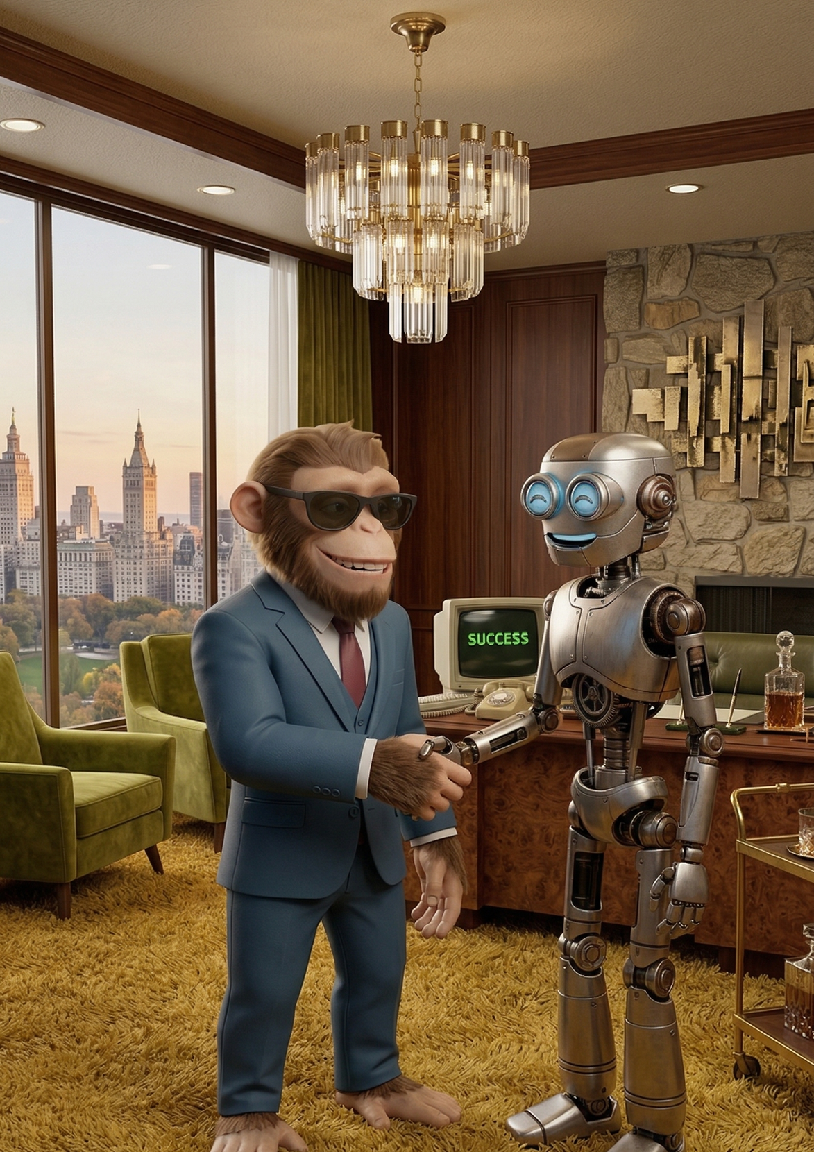 A cartoon monkey in a blue suit and sunglasses shakes hands with a smiling retro-style robot in a wood-paneled office with city view and a computer screen showing the word 'SUCCESS'.