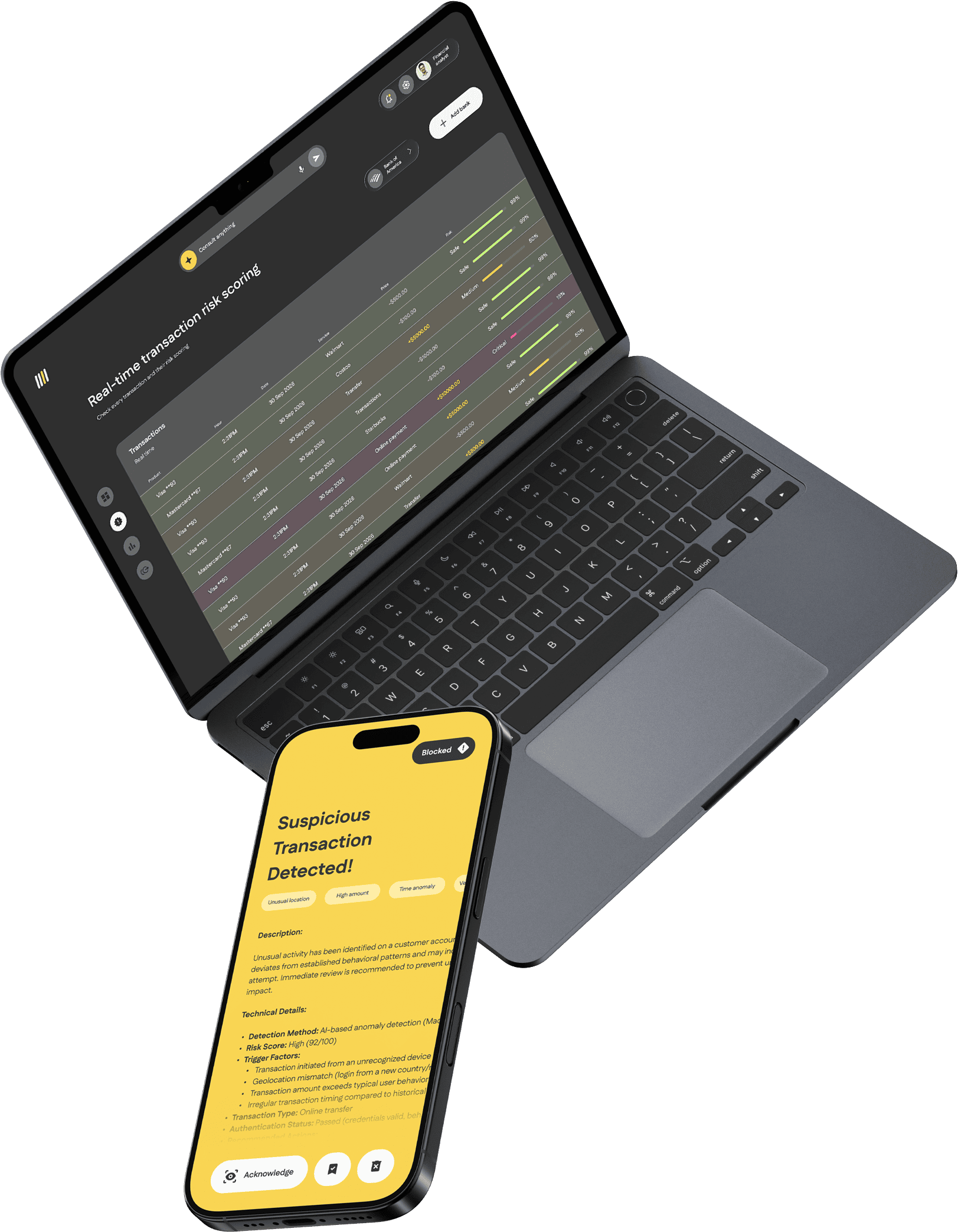 Laptop displaying a real-time transaction risk scoring dashboard and a smartphone alerting a suspicious transaction detected.