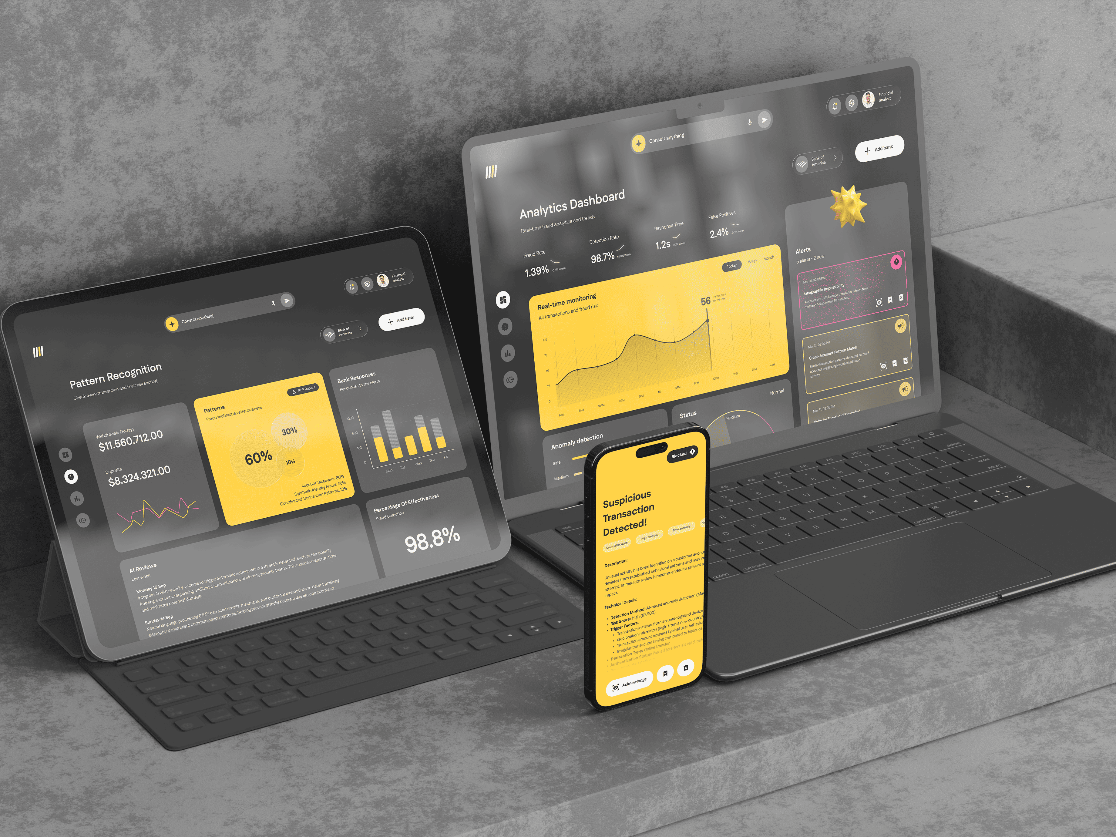 Tablet, smartphone, and laptop displaying financial fraud detection dashboards with graphs, alerts, and suspicious transaction notification in yellow and gray theme.