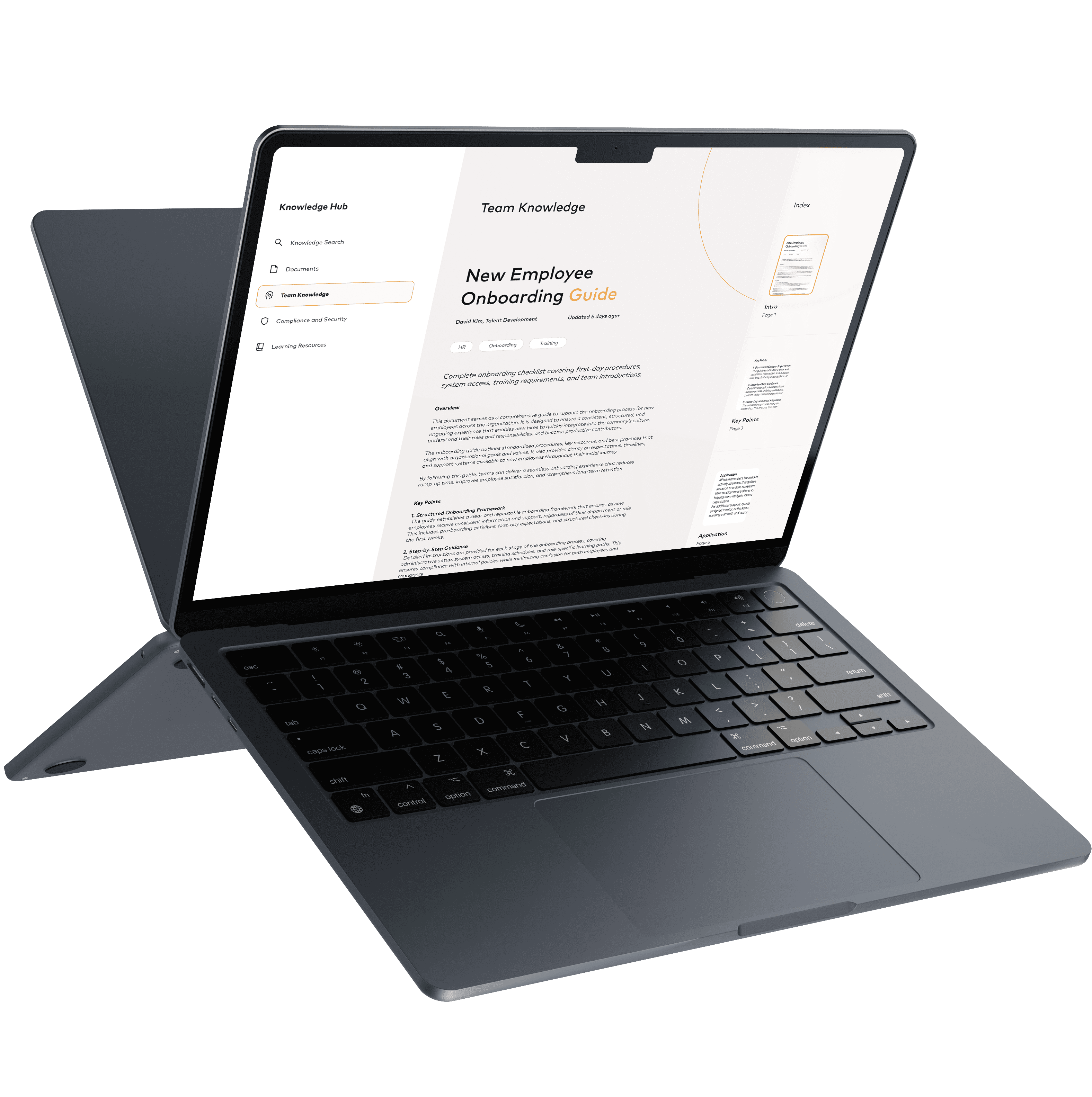 Open laptop showing a New Employee Onboarding Guide webpage from a Knowledge Hub with sections like Knowledge Search, Documents, Team Knowledge, Compliance and Security, and Learning Resources.