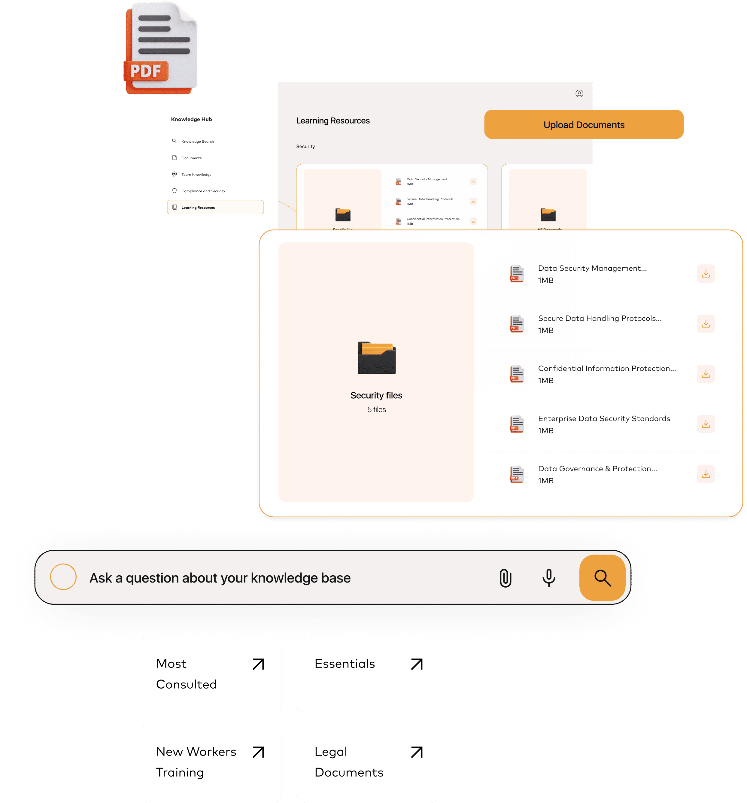 User interface showing a Knowledge Hub with learning resources on security, including a folder labeled Security files with five PDF documents listed for download, a search bar to ask questions about the knowledge base, and quick access buttons for Most Consulted, Essentials, New Workers Training, and Legal Documents.