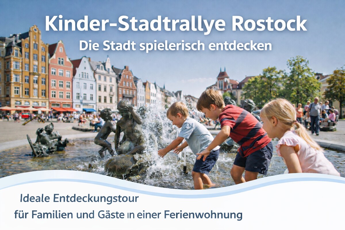 Kinder spielen am Brunnen der Lebensfreude auf dem Universitätsplatz in Rostock, im Hintergrund die bunte Altstadt – Szene der Kinder-Stadtrallye Rostock für Familien und Gäste einer Ferienwohnung in Rostock.
