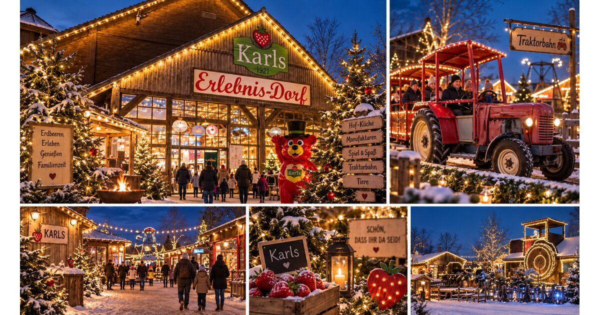 Weihnachtlich beleuchtetes Erlebnis-Dorf mit Lichterketten und Traktorbahn am Abend