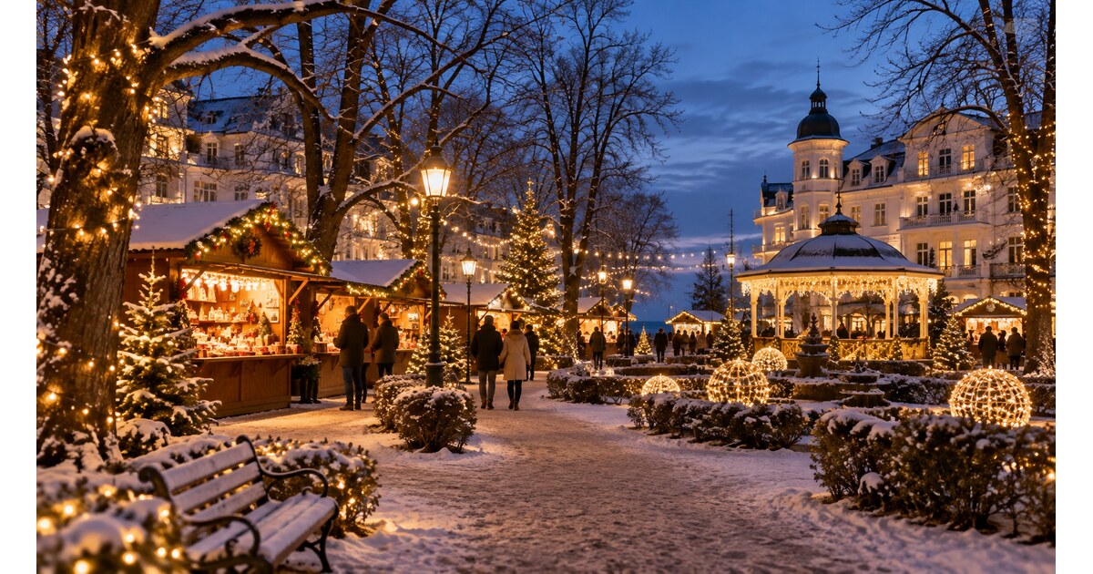 Winterlicher Kurpark in Binz auf Rügen mit Lichtern und Weihnachtsmarktständen am Abend