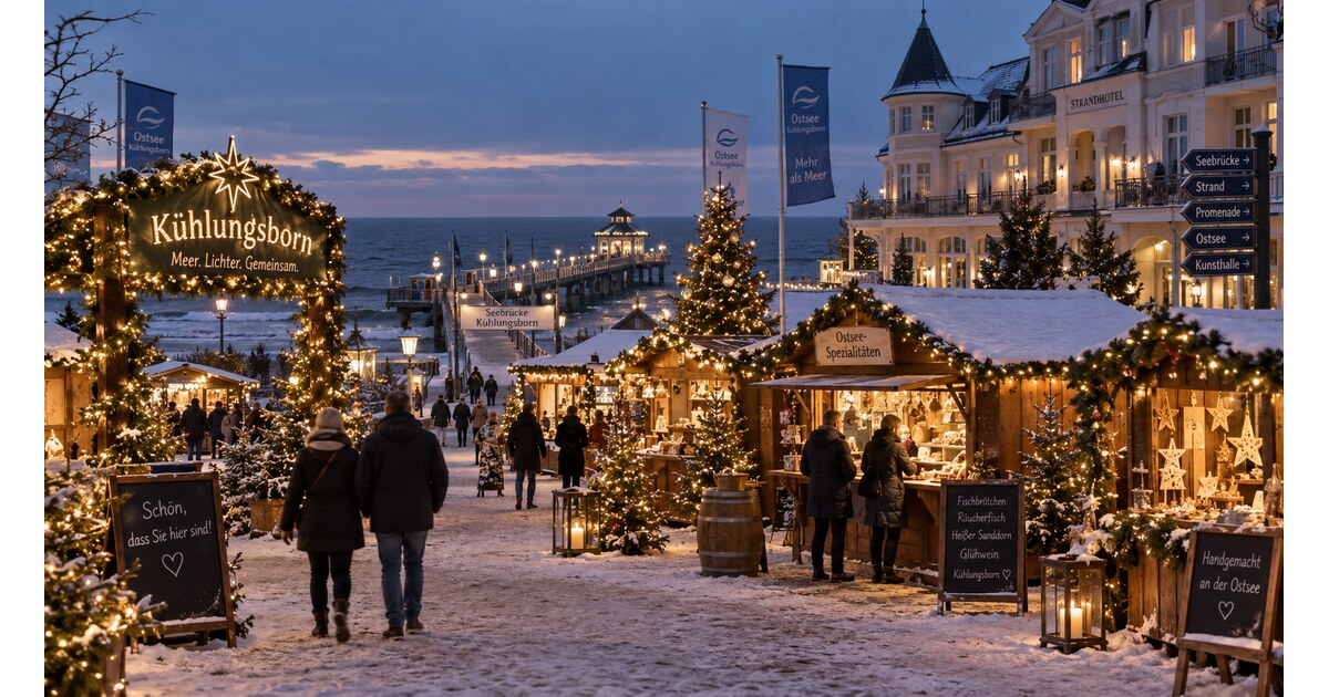 Weihnachtlich beleuchteter Marktplatz an der Seebrücke in Kühlungsborn mit Blick auf die Ostsee