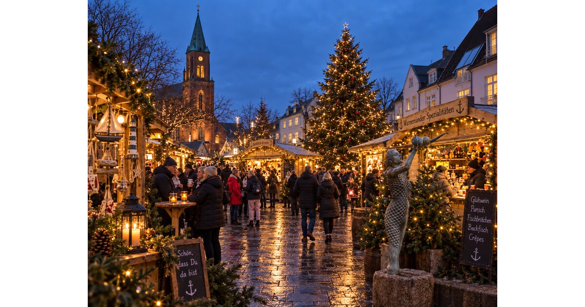 Weihnachtlich geschmücktes Festzelt auf dem Kirchenplatz in Warnemünde mit Lichterketten am Abend