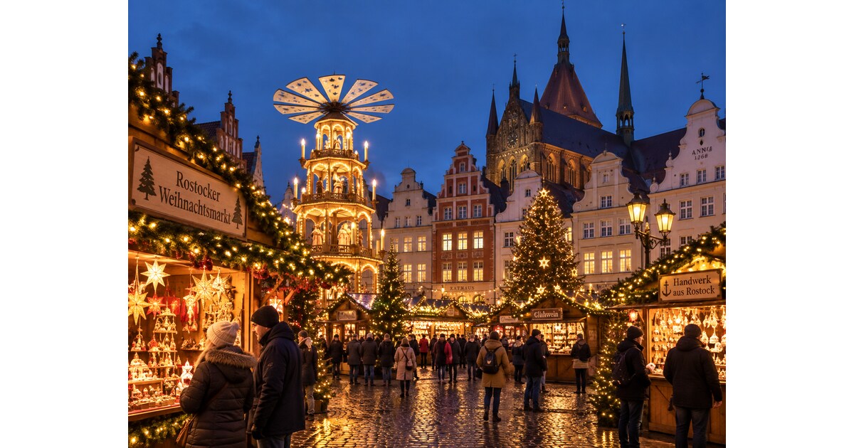 Beleuchteter Weihnachtsmarkt in der historischen Altstadt von Rostock mit Ständen und Lichtern am Abend