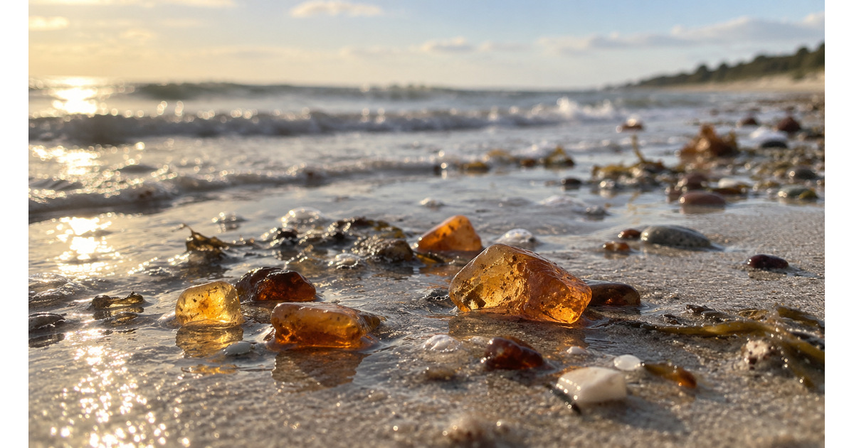 Bernsteinstücke im nassen Sand am Ostseestrand zwischen Kühlungsborn und Heiligendamm