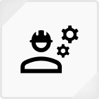 Icon of a worker wearing a hard hat with three gears above and beside the head.