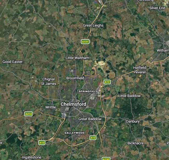 Satellite map showing Chelmsford and surrounding areas including Great Baddow, Little Waltham, Broomfield, and Hatfield Peverel with marked roads A12, A131, and A414.