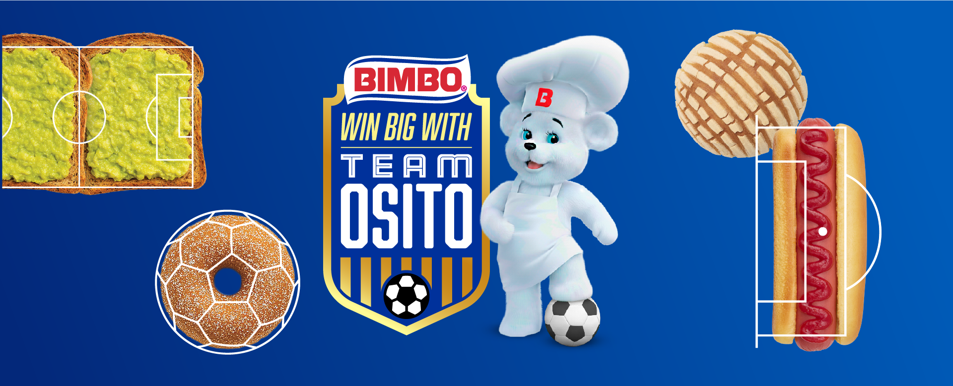 Program crest logo for Bimbo "Win Big With Team Osito", bear mascot and assorted Bimbo snacks.