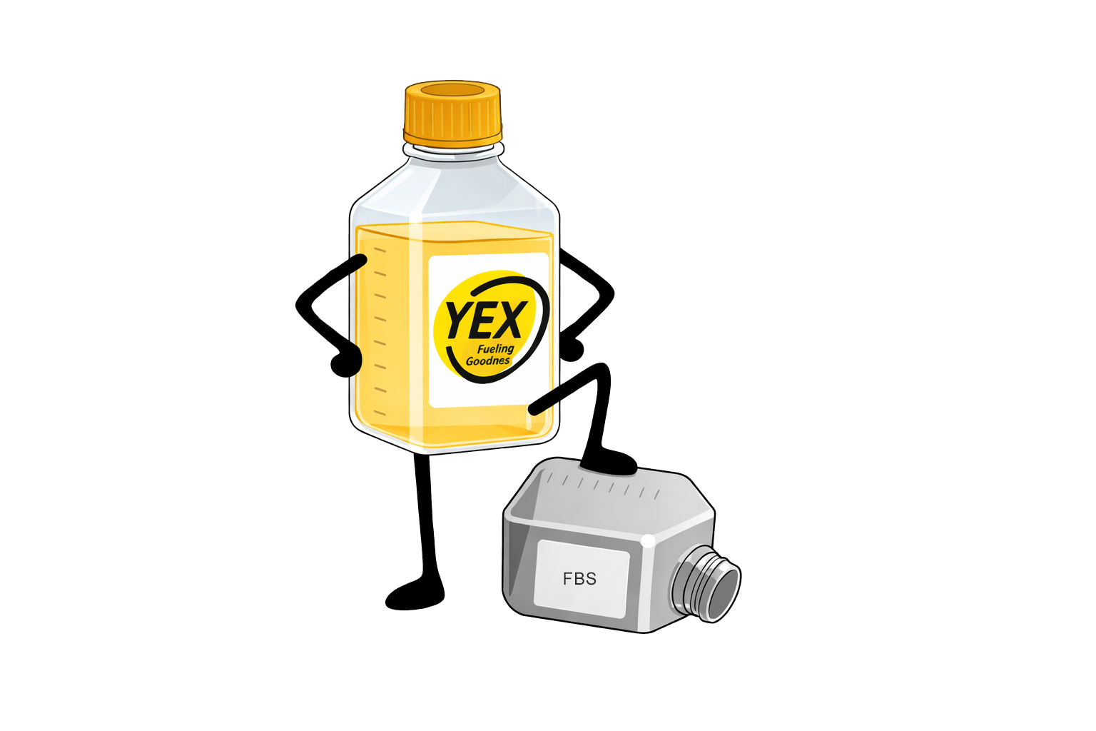 YEX bottle mascot standing victoriously on an FBS bottle