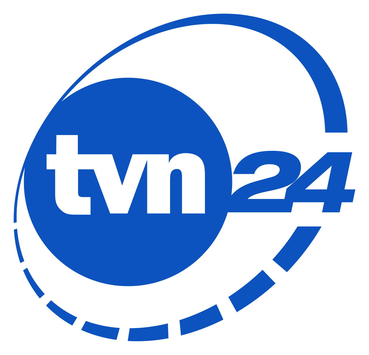 Logo TVN24 z białym napisem na niebieskim tle i stylizowanym okręgiem.