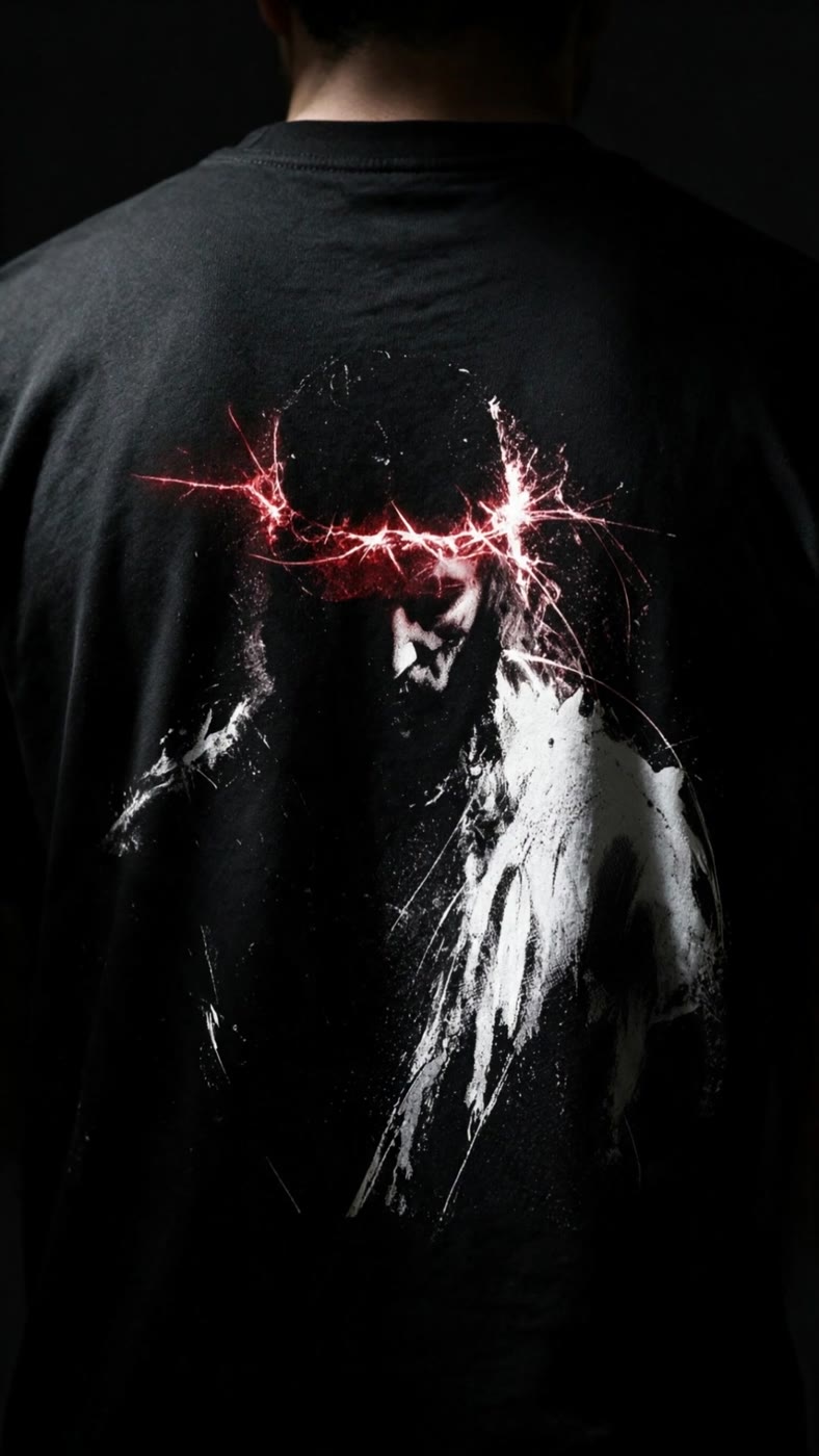 Back of the black tee, portrait and crown of thorns, pre-production concept