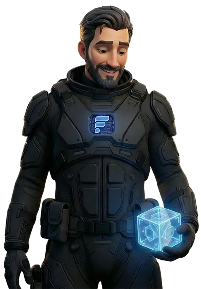Bearded man in futuristic black armored suit holding a glowing blue holographic cube with a matching emblem on his chest.