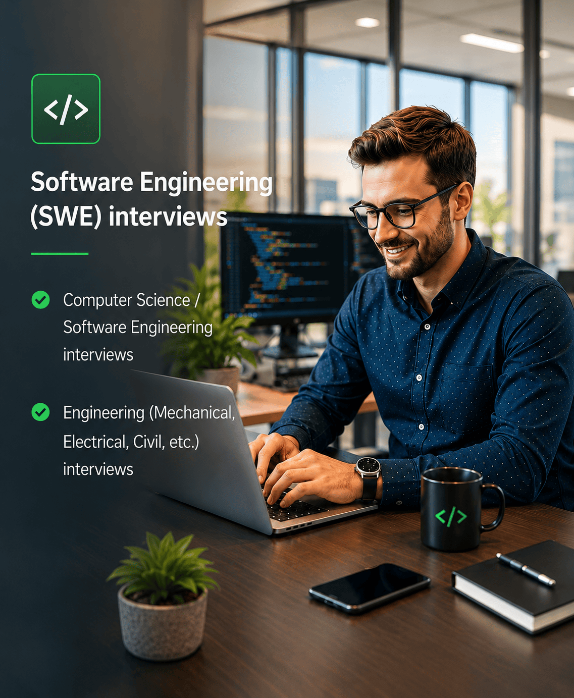 Man in glasses working on a laptop at desk with coding text on screen and tech items around.