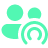 Two stylized figures representing group communication with circular sound waves.