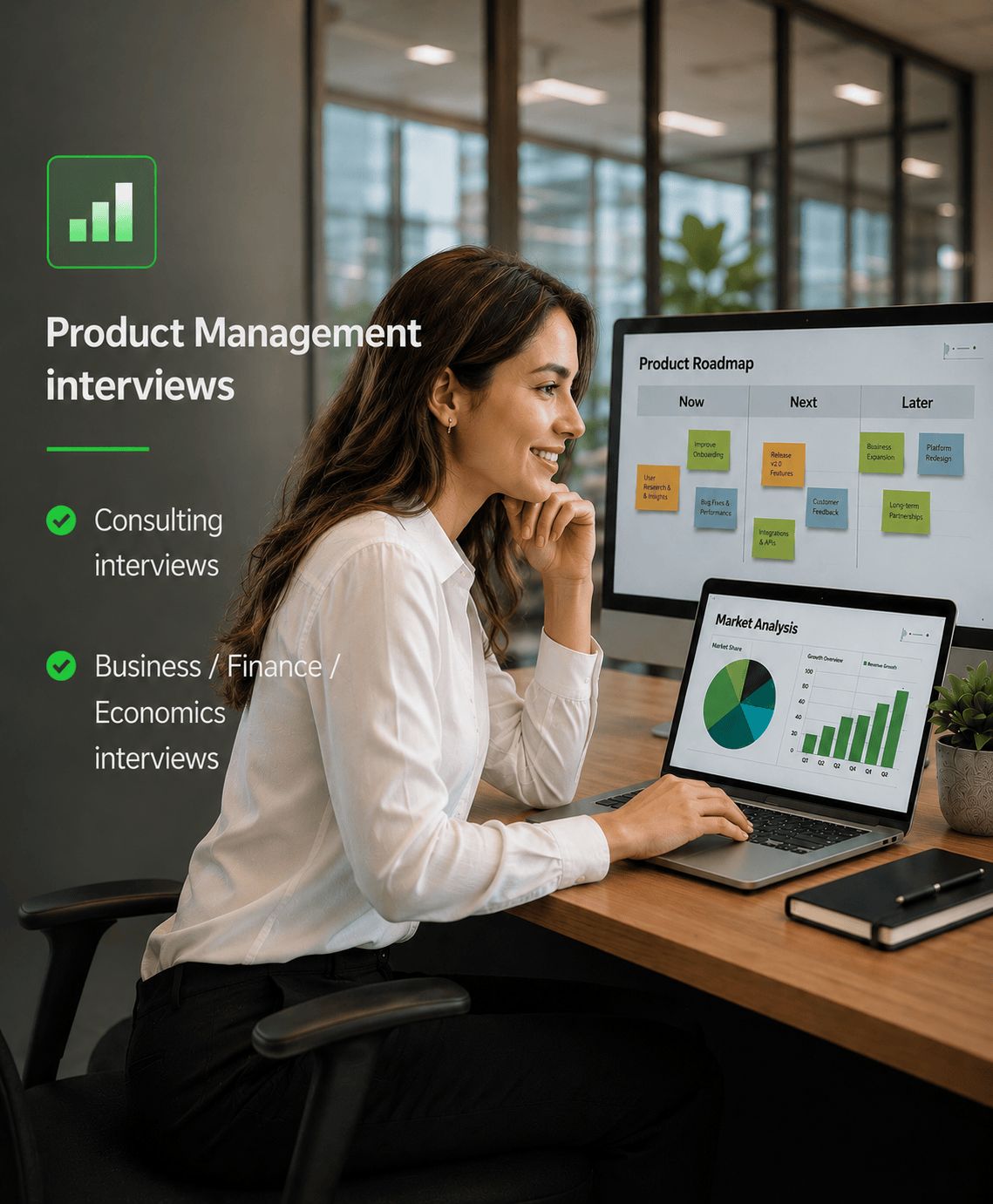 Man at desk studying product roadmap and market analysis charts on computer screens in an office.