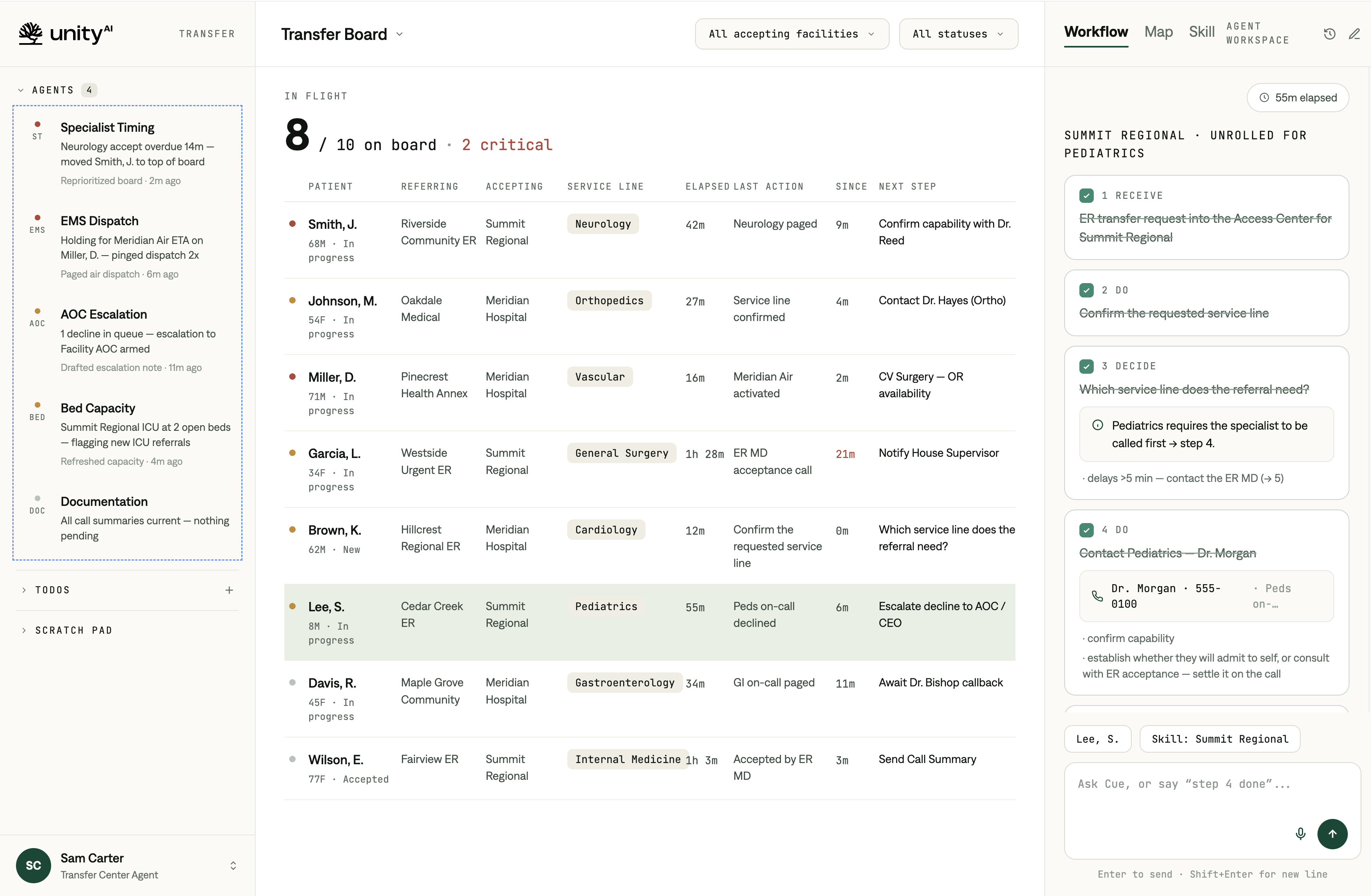 Transfer center work board showing list of patients in need of placement in the center, a set of agents at work on the left, and the workflow in progress on the right