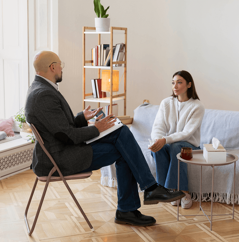 Man with a clipboard talking to a woman seated on a couch in a cozy room with a bookshelf and table.