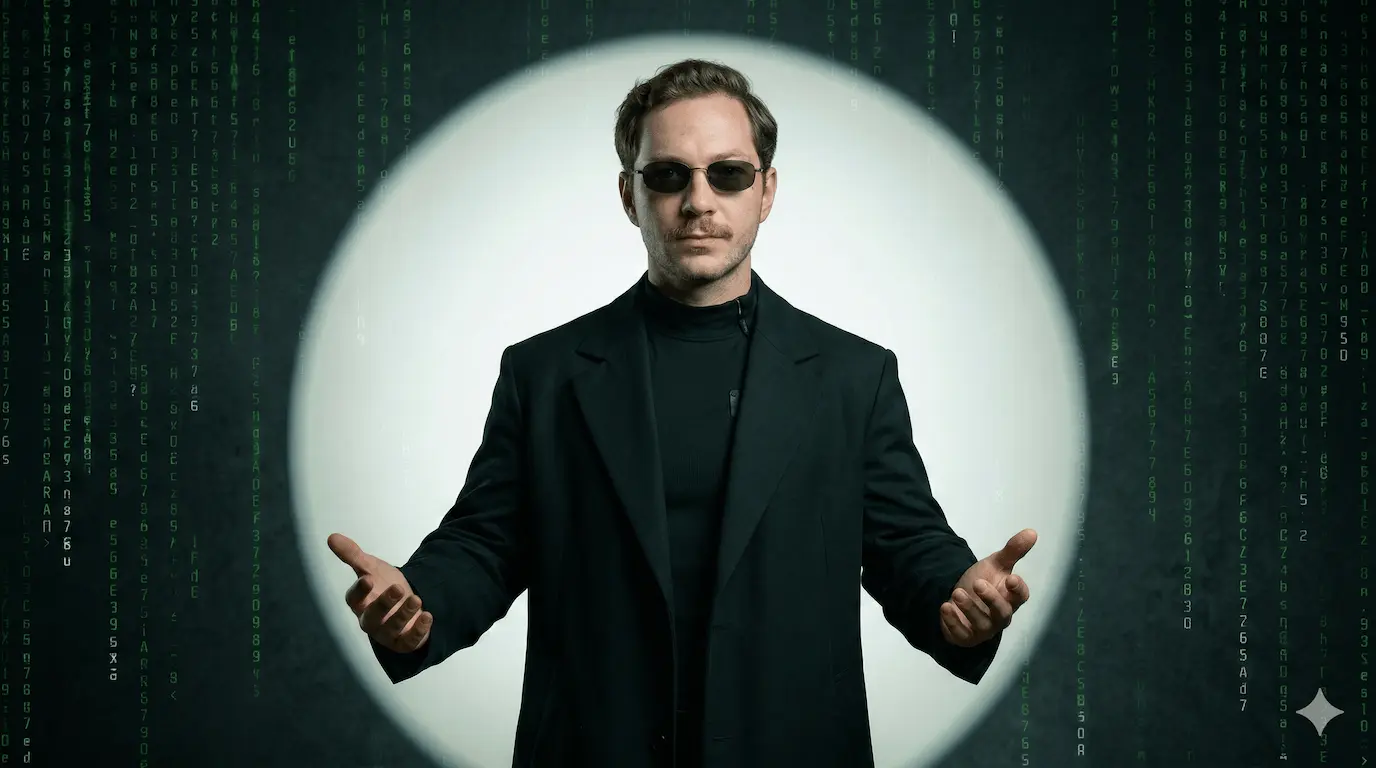 Man wearing black sunglasses and a black suit standing with arms open against a circular white light and matrix-style green code background.