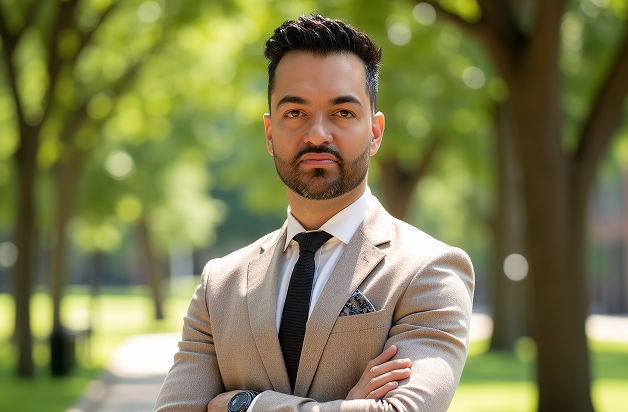 Young male healthcare professional wearing blue scrubs and clear glasses with a stethoscope around his neck, smiling with hand on chin against a blue gradient background.