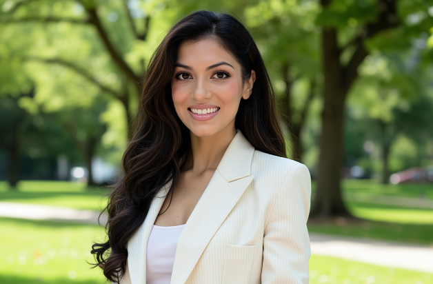 Smiling blonde female doctor wearing a white coat with a stethoscope around her neck against a blue gradient background.
