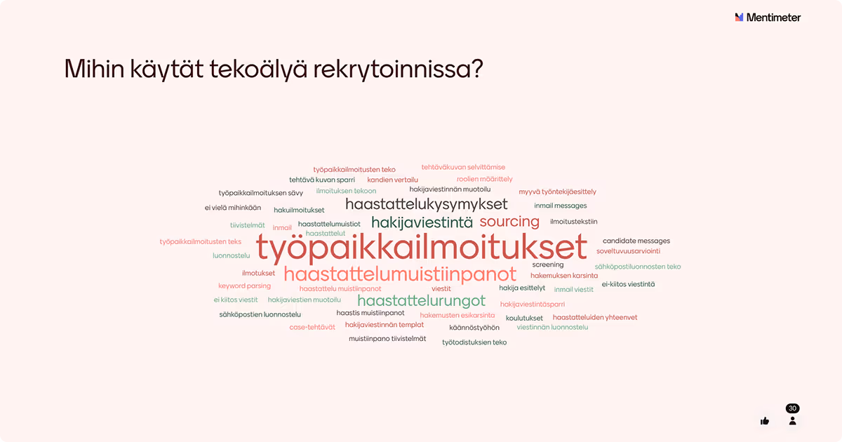 Sanapilvivisualisointi, joka vastaa kysymykseen 'Mihin käytät tekoälyä rekrytoinnissa?' ja sisältää rekrytointi- ja tekoälyterminologiaa suomeksi. Suurin termi 'työpaikkailmoitukset' hallitsee keskustaa, muita merkittäviä termejä ovat 'haastattelukysymykset', 'hakijaviestintä', 'sourcing' ja 'haastattelumuistiinpanot', havainnollistaen tekoälyn eri sovelluskohteita läpi rekrytointiprosessin