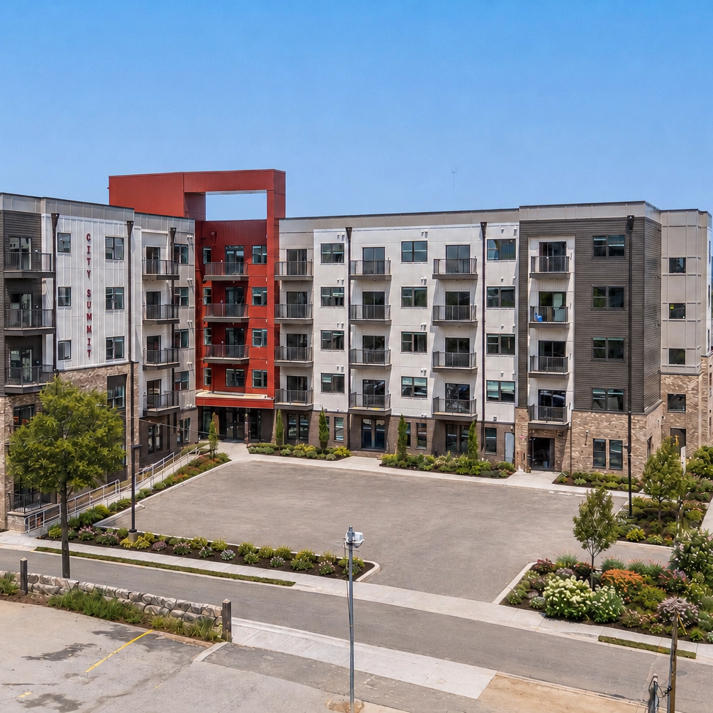 Modern City Summit apartment building with balconies and red architectural feature under clear blue sky.