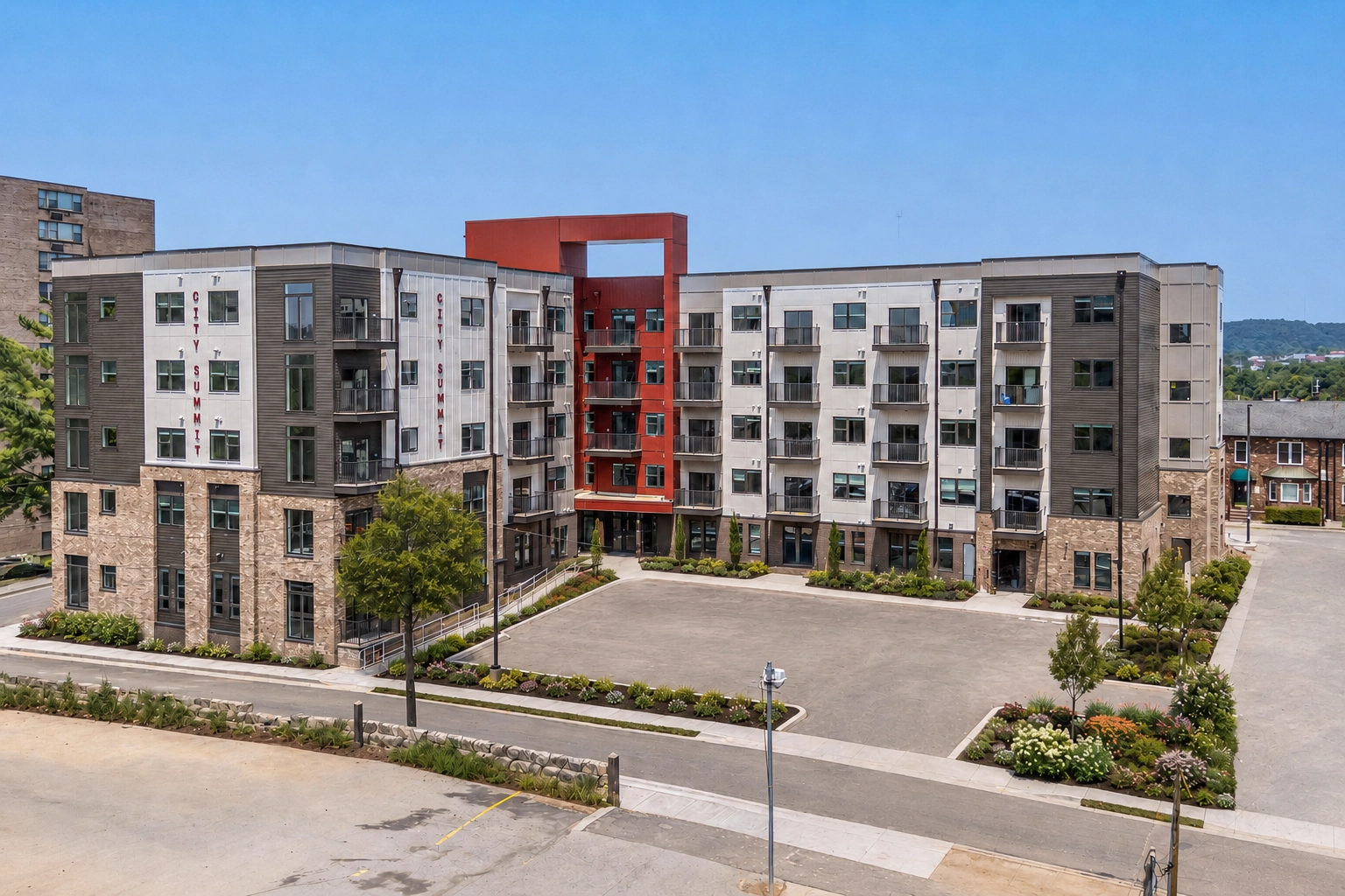 A rendering of the exterior of City Summit Apartments