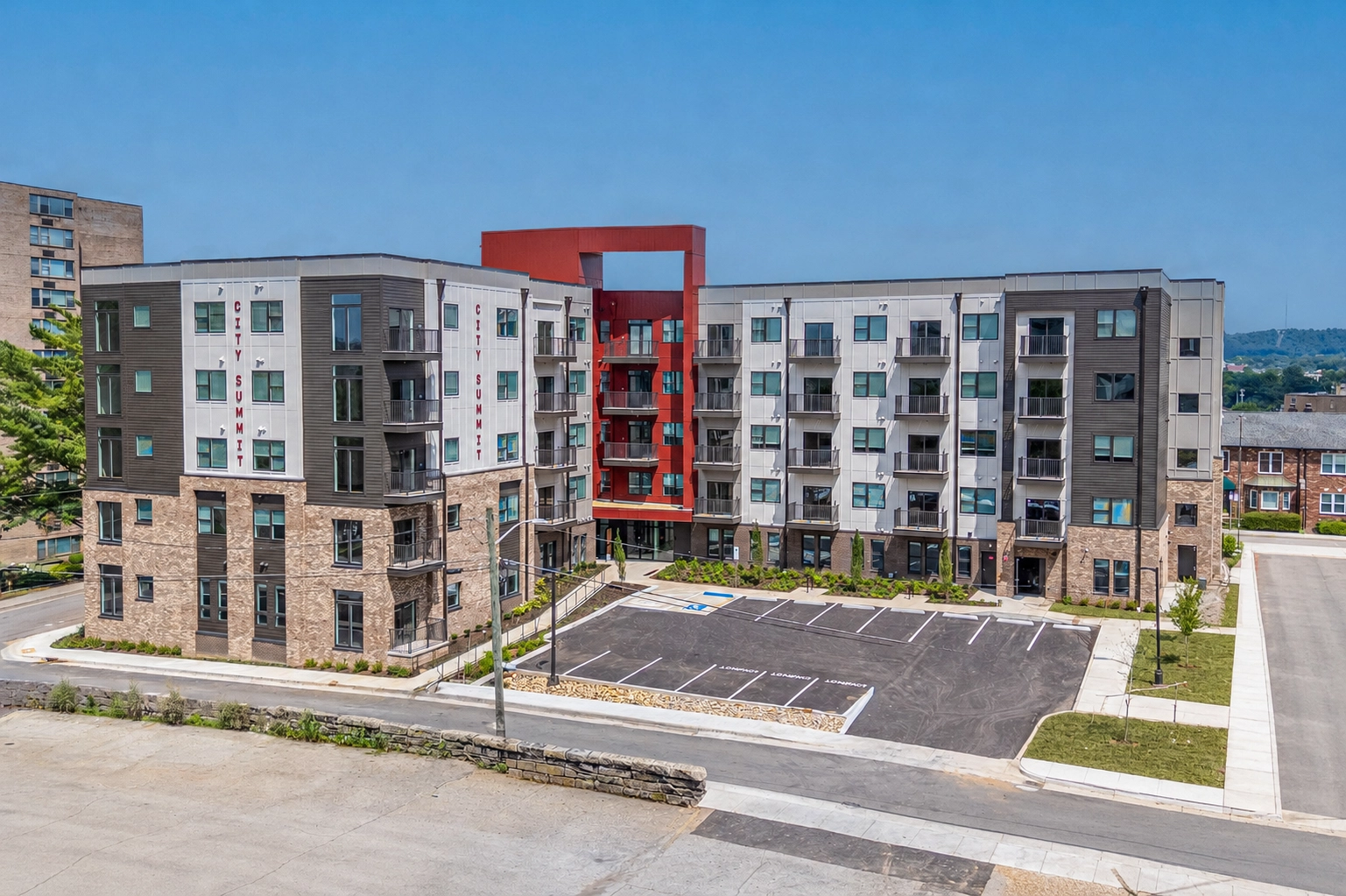 A rendering of the exterior of City Summit Apartments