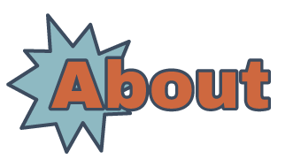 The word 'About' in bold orange letters with a blue starburst background.