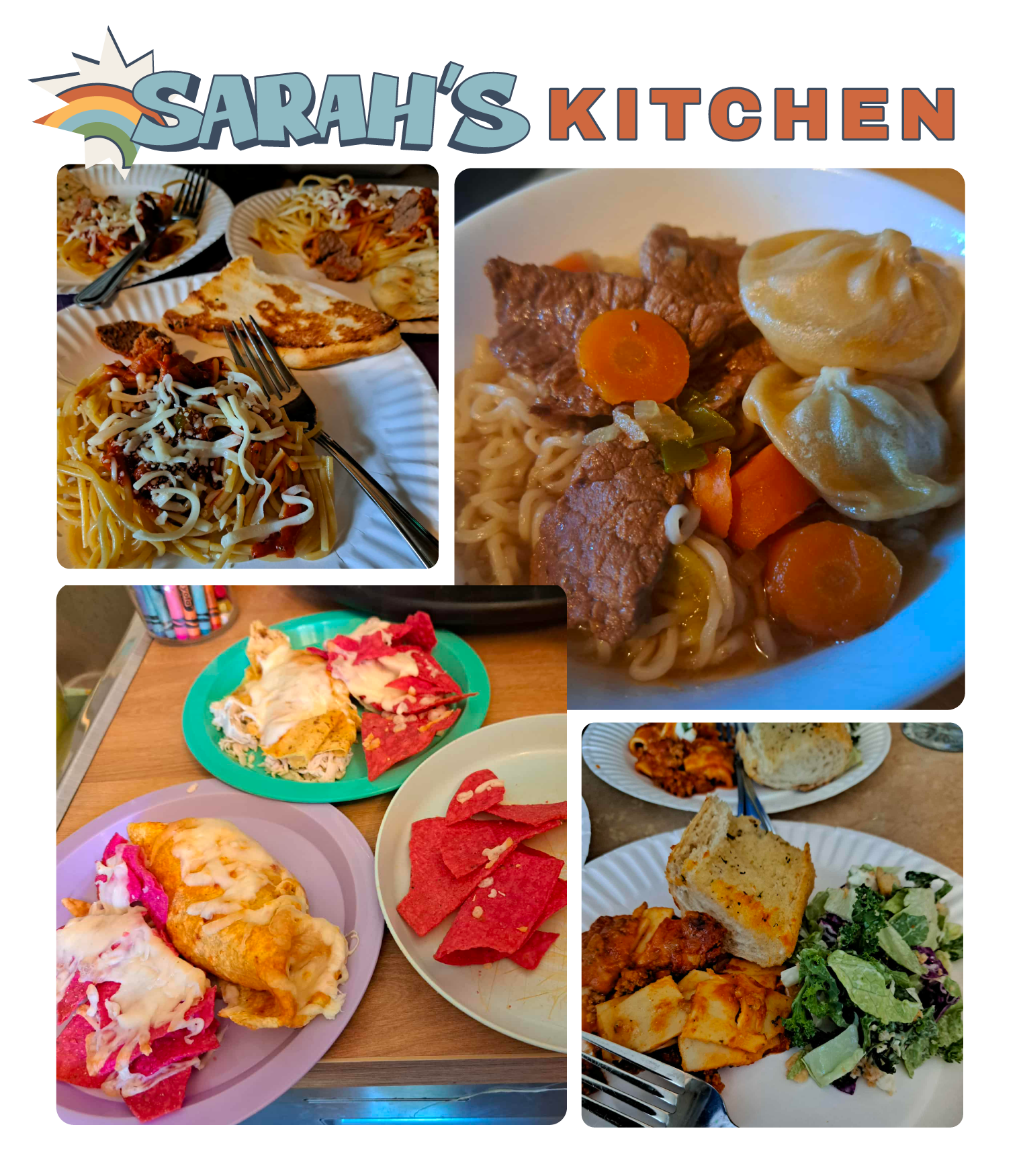 Collage of four plates featuring homemade meals: spaghetti with sauce and cheese, beef and vegetable soup with dumplings, cheesy nachos with enchilada, and a plate with pasta, bread, and salad.