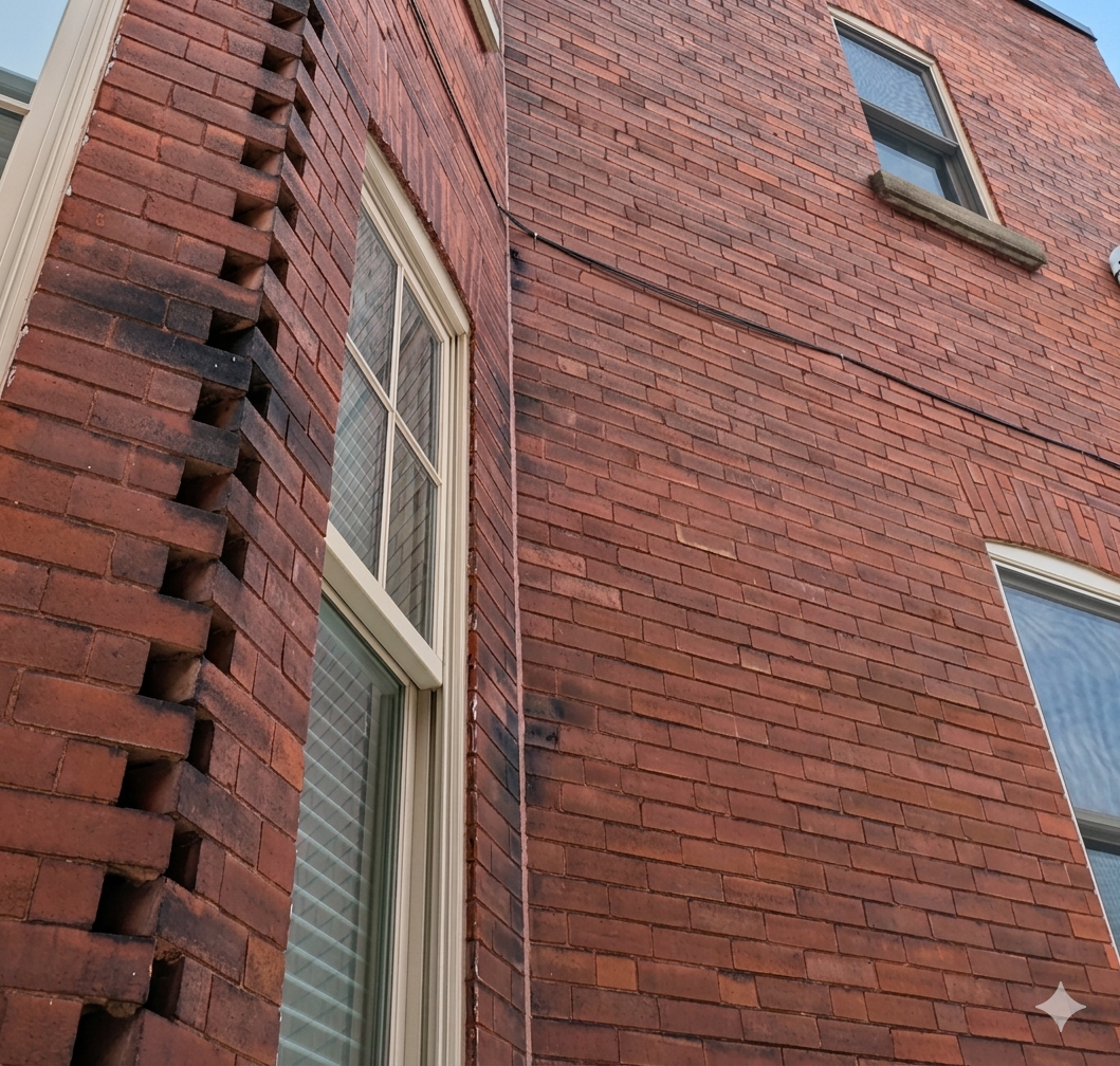 Brick facade deterioration caused by moisture damage in Montreal