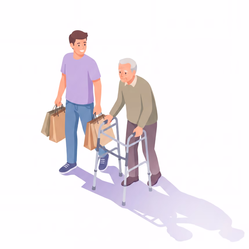 An older man being supported by a care worker