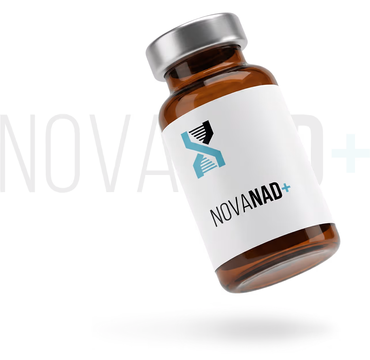 Brown glass bottle with a white label featuring a stylized DNA strand and the text NOVANAD+.