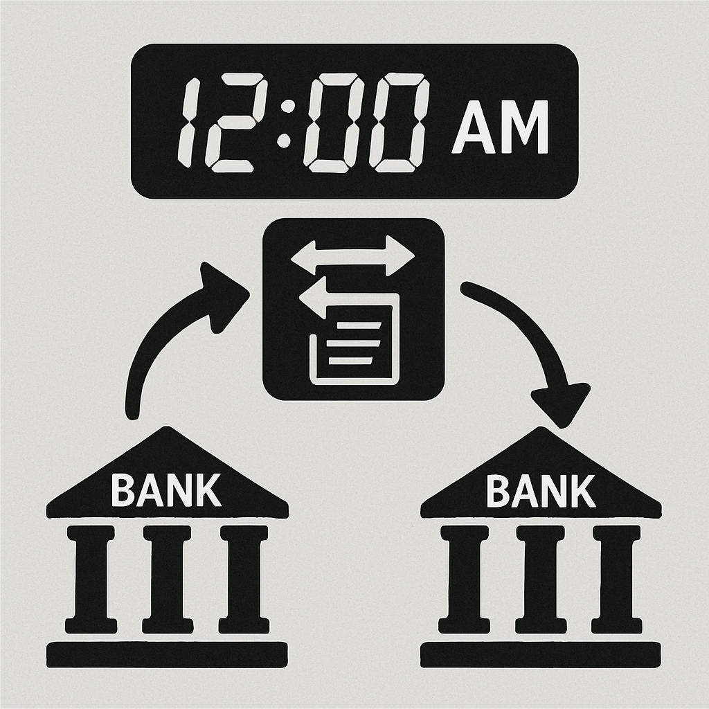 A simple illustration of a digital clock showing 12:00 AM with a 'Data Transfer' icon moving between two bank building icons.