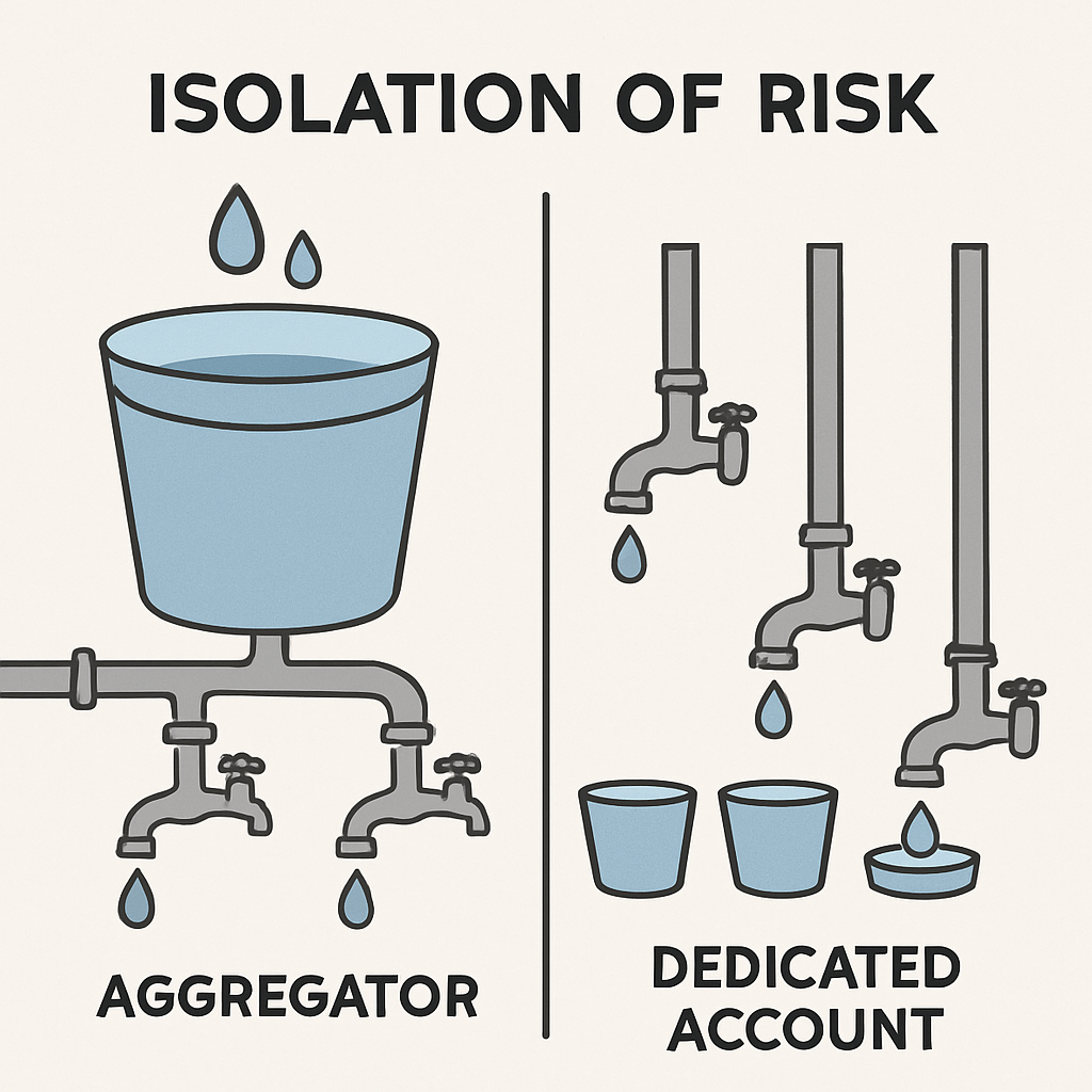 A simple visual comparing a shared bucket of water (Aggregator) vs. individual plumbing (Dedicated Account) to show isolation of risk.