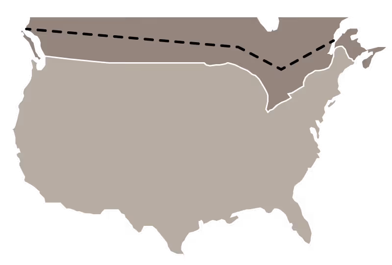 Map of the United States with a dashed line separating the northern states from the rest of the country.