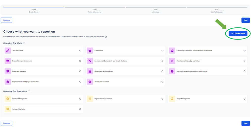 A screenshot of Seedkit's choose domain page with green arrow pointing to 'Create Custom' button