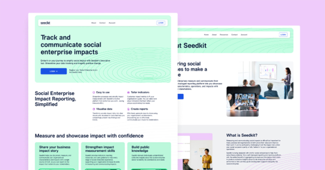 Screenshot of Seedkit home page on top of and partially covering screenshot of Seedkit About page