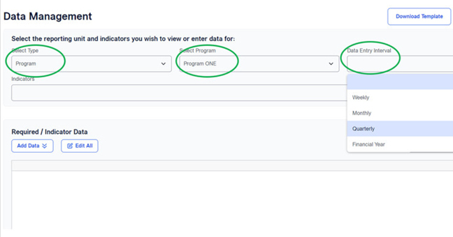 Top of Seedkit Data Management page with green ovals over the type, unit & interval dropdowns