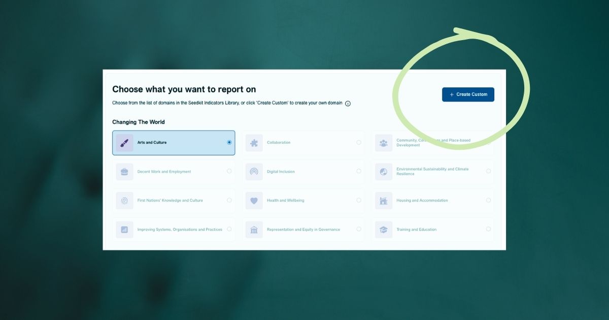 A screenshot of Seedkit's choose domain page with green circle around Create Custom button