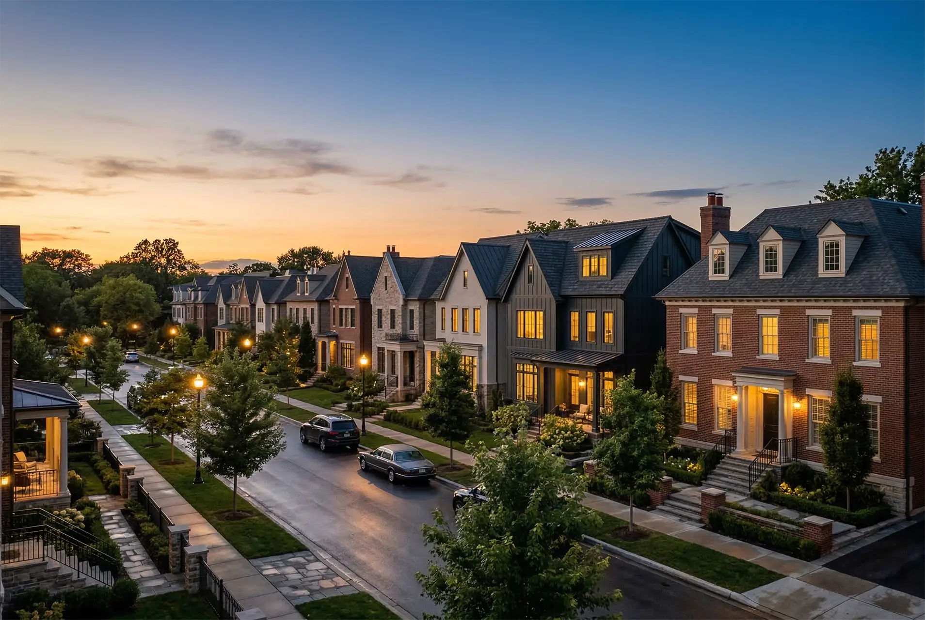 A residential street at dusk