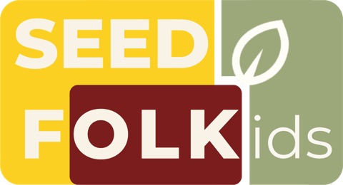 The SEEDFOLKids logo BPP designed: SEED in yellow, FOLK in deep red, ids on sage, with a leaf