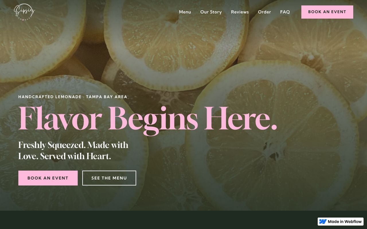 Home page of the Sipsies Lemonade website