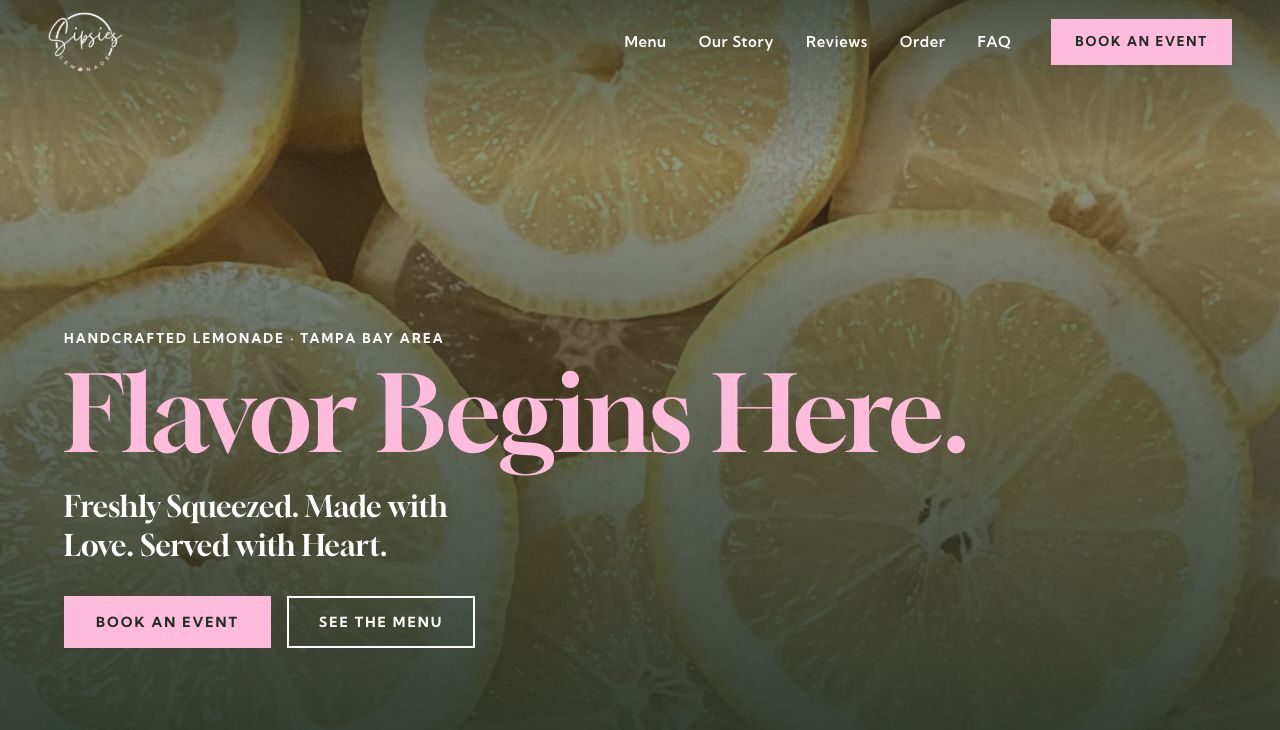 Home page of the Sipsies Lemonade website