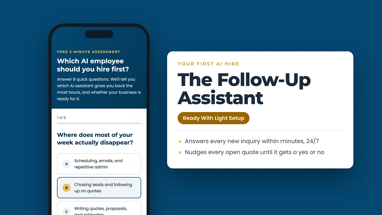 The AI hire quiz on a phone, beside a sample result: The Follow-Up Assistant