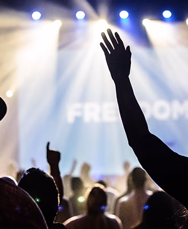 Silhouettes of raised hands in a crowd under bright stage lights with the word 'FREEDOM' visible in the background.